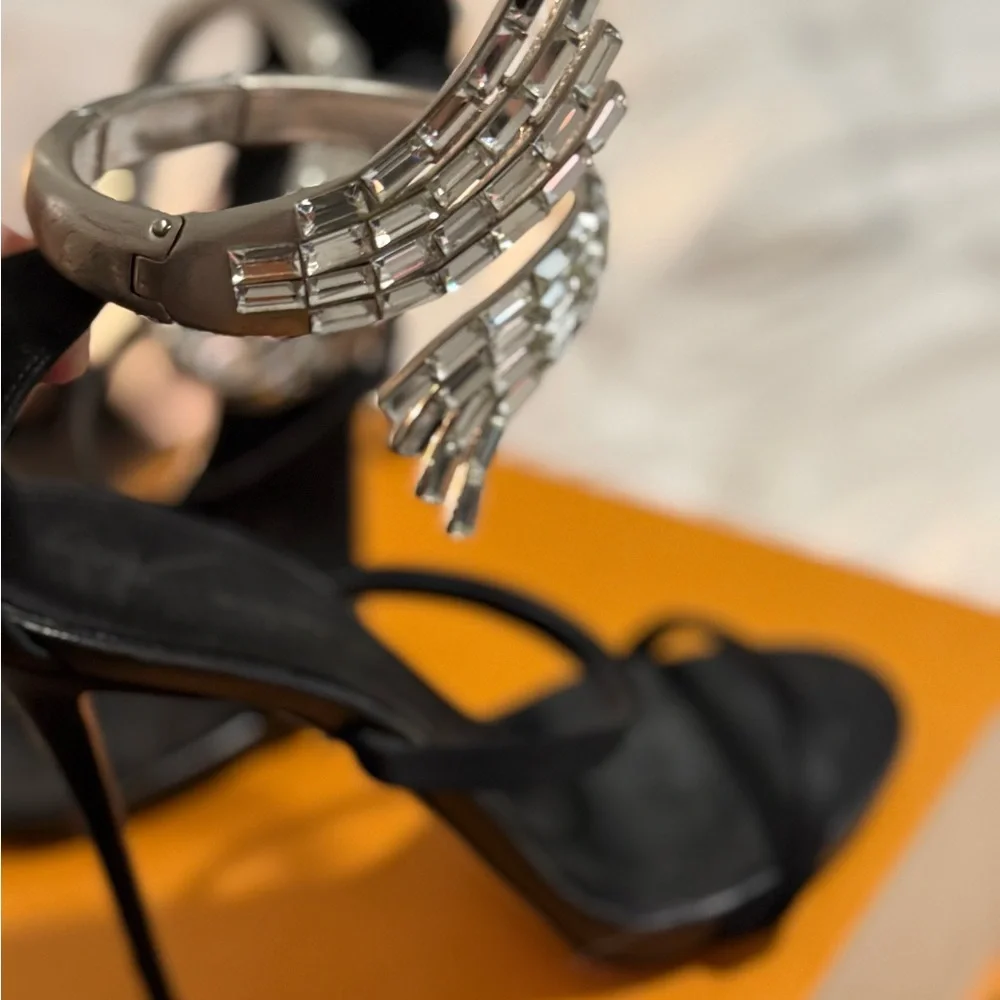 Giuseppe Zanotti Black Satin Heels with Silver Crystal Straps - Picture 4 of 6